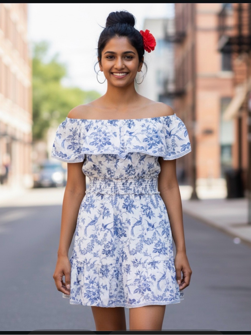 Max Studio White and Blue Floral Off-Shoulder Mini Dress